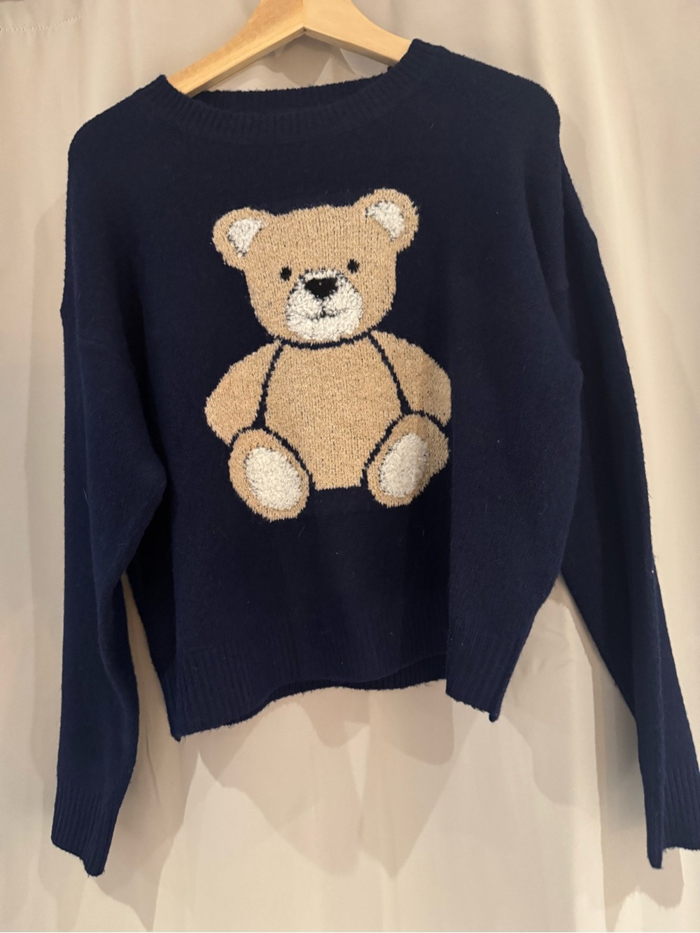 Navy Crewneck Sweater with Teddy Bear Motif